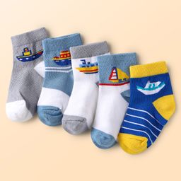 Cute Walk by Babyhug Knit Ankle Length Anti Bacterial Socks With Nautical Theme Design Pack Of 5 - Multicolour-image-95