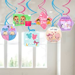 Zyozi Twins Baby Shower Decorations Items, Baby Shower Hanging Swirls Multicolor - Pack Of 6-picture-6
