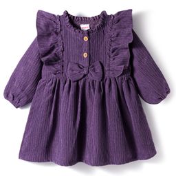 Babyhug Cotton Knit Full Sleeves Frock With Bow & Frill Detailing - Purple-picture-28