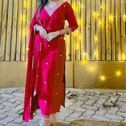 VredeVogel Floral Embroidered V-Neck Thread Work Straight Kurta With Trouser And Dupatta-19