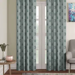 Aura Green & White Set of 2 Floral Black Out Long Door Curtain-21