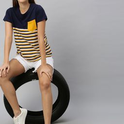 The Roadster Lifestyle Co Women Navy Blue  Yellow Striped Round Neck Pure Cotton T-shirt-image-95