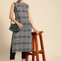Anouk Women Black & White Printed Pure Cotton Kurta with Trousers-40
