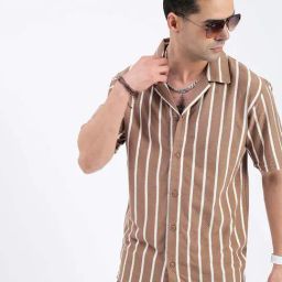 SHOWOFF Brown Cotton Relaxed Fit Stripes Shirt-image-63