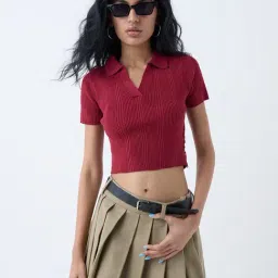 nuon women Nuon by Westside Maroon Ribbed-Textured T-Shirt-picture-1