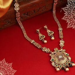ORANGENYSHA Gold Plated Kundan Stone Studded & Beaded Jewellery Set-image-87