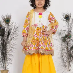 Little Bansi Kids Yellow Floral Print Kurta with Sharara & Dupatta-image-75