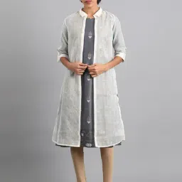 W Blue Woven Pattern A Line Kurti With Jacket-image-8