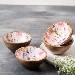 Nestroots White Bird Bowl Set of 4 for Snacks Mixing Bowls for Kitchen Printed Wooden Desert Bowl-13