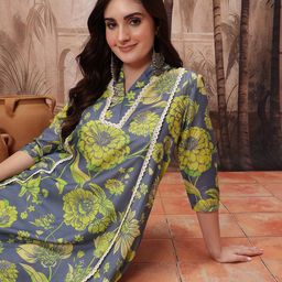 Sangria Indie Floral Print Crochet Detail Kurta with Palazzos-12