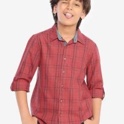 Bonkids Boys Spread Collar Standard Cotton Checked Casual Shirt-picture-29