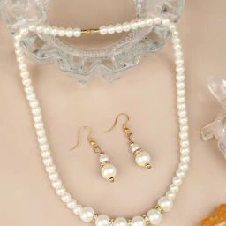 Anikas Creation Gold Plated Handcrafted Single Layer Off White Pearl Jewellery Set-image-54