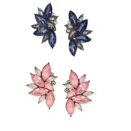 OOMPH Pink & Blue Large Floral Crystal Fashion Stud Earrings - Set of 2 image 4