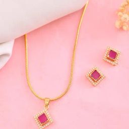 VOJ Gold Plated Square Shaped Ruby Red Stone Studded Necklace & Earring Set-15