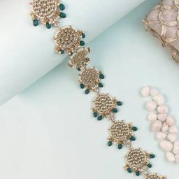 Karatcart Floral Shape Gold Plated Green Tumble Kundan Bridal Wedding Hair Braid Choti for Women-image-8