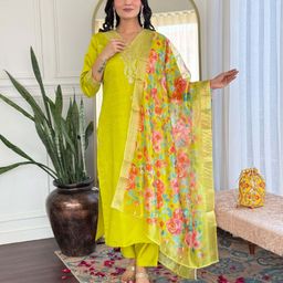 Growdamy Floral Embroidered Sequinned Chanderi Silk Straight Kurta With Trouser & Dupatta-picture-23