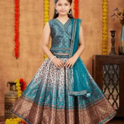 Aarika Kids Green & Brown Embellished Lehenga, Choli, Dupatta with Unstitched Sleeves-image-83