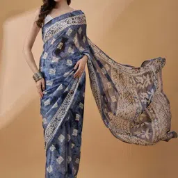 Winza Designer Blue Printed Saree With Unstitched Blouse-image-3