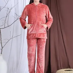 NEUDIS Red Fleece Solid Full Sleeves Nightsuit-picture-27