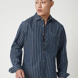 VASTRADO Core Fashion Navy Blue Regular Fit Stripes Shirt-picture-3
