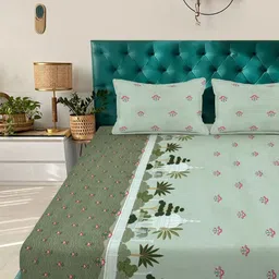 Aura Green & Pink Floral Printed 300 TC Fitted Super King Bedsheet Set-2.70 m X 2.70 m-picture-30