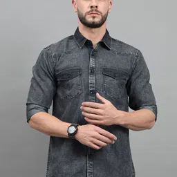 18 Plus Men Spread Collar Faded Denim Casual Shirt-image-42