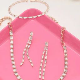 Zaveri Pearls Rose Gold Baguette ia 2 Strands Necklace Earring & Bracelet Set For Women-ZPFK12574-image-9
