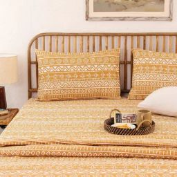 House This Kullu Patti Yellow Cotton 144 TC King Bedsheet with 2 Pillow Covers & 2 Pillow Fillers-image-51