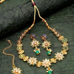 Anikas Creation Gold Plated Green & Beige Kundan Studded Handcrafted Enamelled Jewellery Set-image-80
