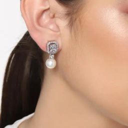 Estele Rhodium-Plated CZ & Pearl Drop Earrings for Women-45