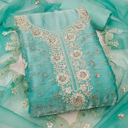 SAINOOR Embroidered Sequinned Pure Silk Semi-Stitched Dress Material-image-10