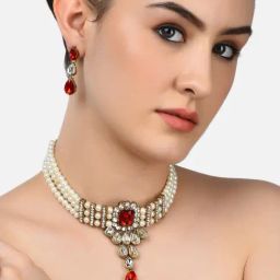 Zaveri Pearls Alluring Red Shine Stones & Pearls Choker Necklace & Earring Set For Women-ZPFK9496-38