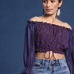 Taavi Tropical Print Off-Shoulder Bell Sleeve Pure Cotton Blouson Bagru Crop Top-image-1