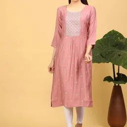 GOLDSTROMS Floral Embroidered Round Neck Sequinned Straight Cotton Kurta-image-15