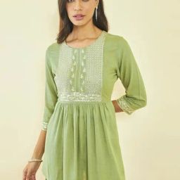 Soch Green Rayon Slub Floral Embroidered Tunic with Sequin Embellishments-14