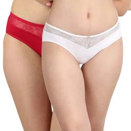 Soie Red & White Lace Work Bikini Panties - Pack Of 2-14