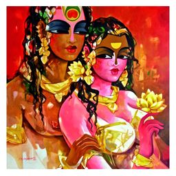Inephos Maroon & Pink Shiva And Parvati Religious Canvas Wall Art-17