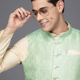 Manyavar Men Beige Solid Kurta & Churidar with Ethnic Motif Woven Design Nehru Jacket-9