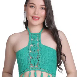 NYCRA Women Solid Self Design Tie-Up Neck Cotton Crochet Tank Crop Top-image-8