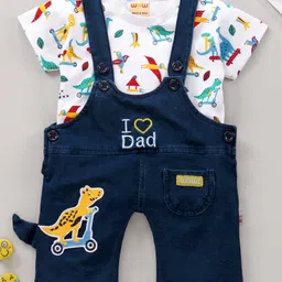 WOW Dungaree Set with Half Sleeves Tee Dinosaur Print - White Blue-picture-24