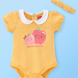 Babyhug 100% Cotton Half Sleeves Onesies With Hairband & Fruit Print - Yellow-image-50