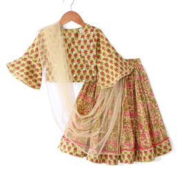 Babyhug 100% Cambric Bell Sleeve Printed Lehenga Choli And Dupatta Set With Mirror Embroidery Detailing- Light Green-image-33