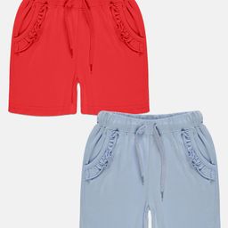 Kiddopanti Pack Of 2 Frill Detailed Solid Shorts - Blue & Red-image-50