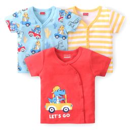 Babyhug 100% Cotton Interlock Knit Half Sleeves Vests Dino Print Pack of 3 - Multicolour-image-39