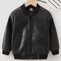 Kookie Kids Full Sleeves Solid Leather Jacket - Black-image-93
