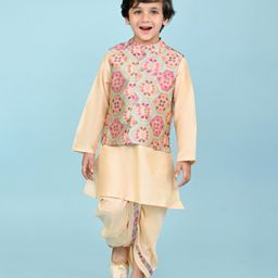 Babyhug Woven Full Sleeves Kurta Dhoti Set with Printed Jacket - Peach-image-36