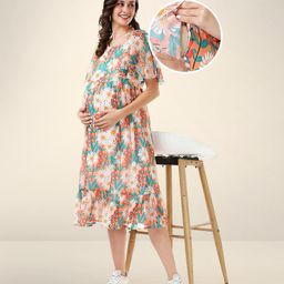 Bella Mama Woven Flutter Sleeves Maternity Dress Floral Print - Orange-image-66