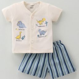 Cucumber Cotton Half Sleeves Night Suit With Dinosaur Print - Cream-image-31