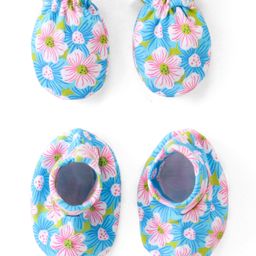 Babyhug 100% Cotton Knit Floral Print Mittens and Booties - Blue-image-91