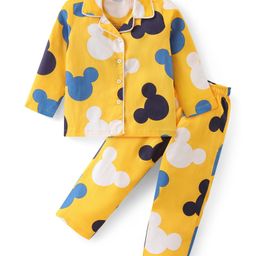 Babyhug Disney Cotton Woven Full Sleeves Night Suit with Mickey Mouse Print - Yellow-image-10